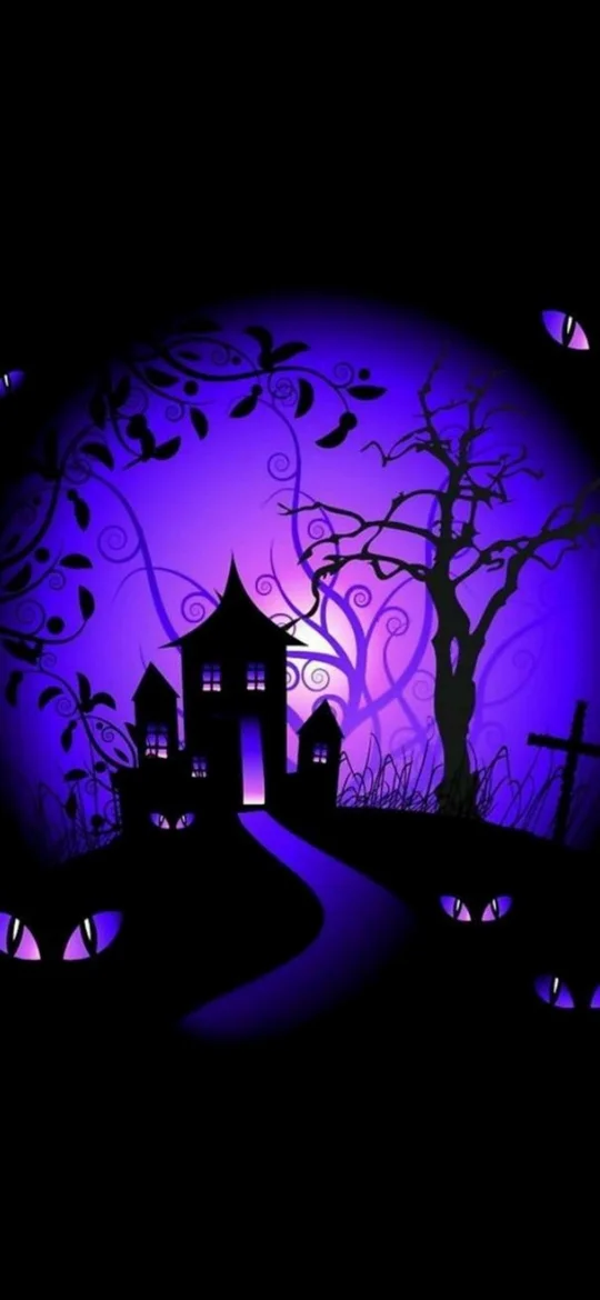 Purple Halloween Night Amoled Magical Purple Theme. ANdroid 4K Halloween Scene With A Glowing Pumpkin, A Spooky Haunted House