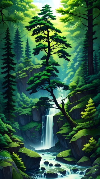 Nature Forest Water Falls Art iPhone Wallpaper